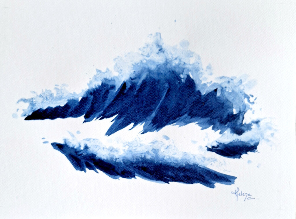 Encre bleue sur papier de Hélène Carpentier artiste peintre "Vague XIX" 32 x 24 cm, 2026