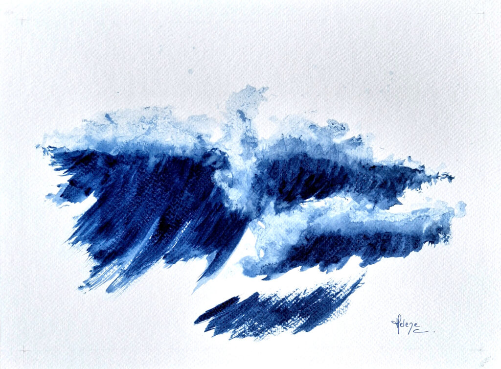 Encre bleue sur papier de Hélène Carpentier artiste peintre "Vague XX" 32 x 24 cm, 2026