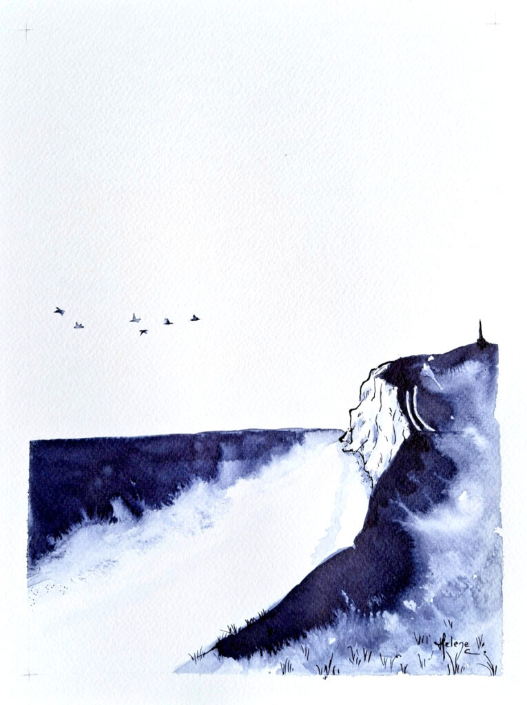 Encre bleue sur papier de Hélène Carpentier artiste peintre "Cap Blanc Nez V" 24 x 32 cm, 2026