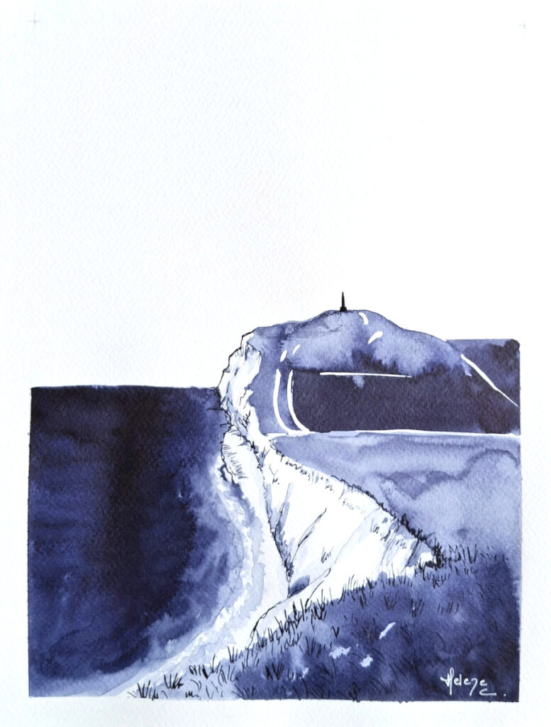 Encre bleue sur papier de Hélène Carpentier artiste peintre "Cap Blanc Nez IV" 24 x 32 cm, 2026
