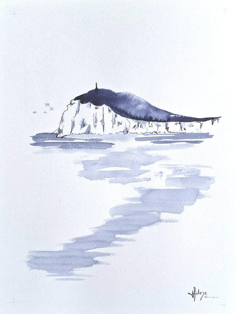 Encre bleue sur papier de Hélène Carpentier artiste peintre "Cap Blanc Nez VI" 24 x 32 cm, 2026