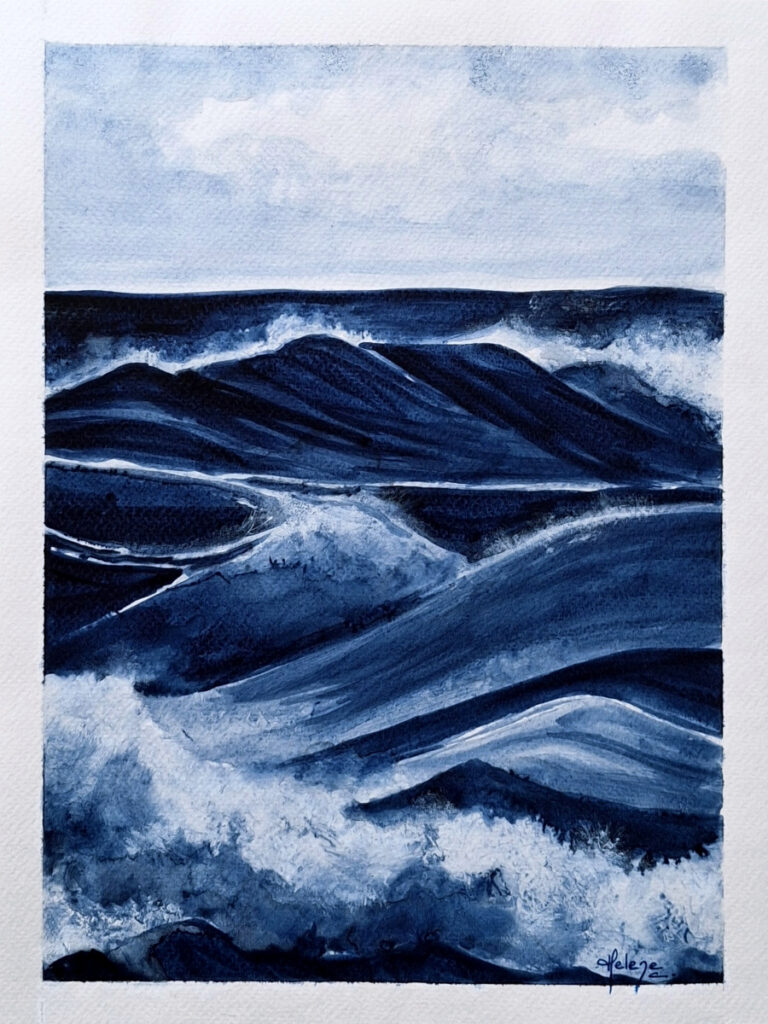 Encre bleue sur papier de Hélène Carpentier artiste peintre "Grandes Marées" 24 x 32 cm, 2026